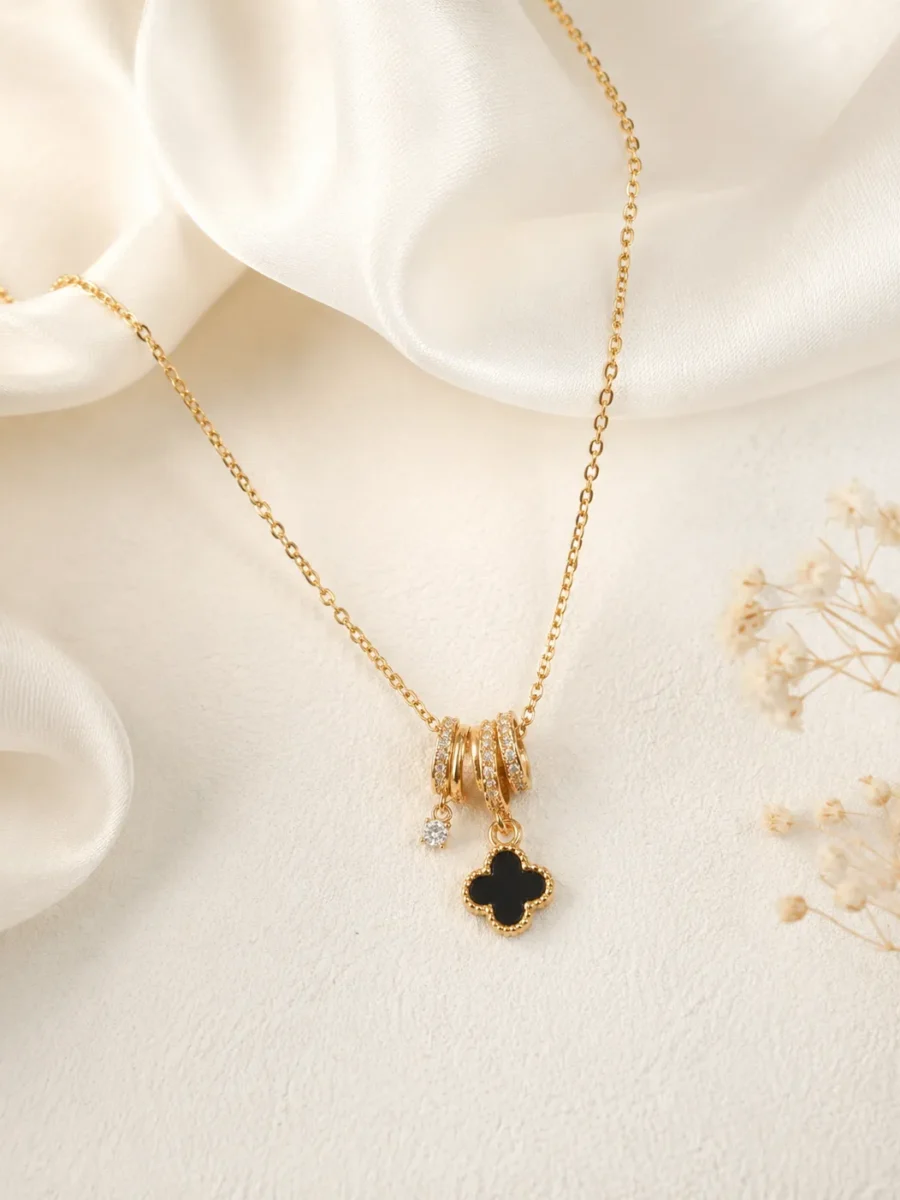 Black Charm Minimal Necklace with Black Clover Pendant and Crystal Charm