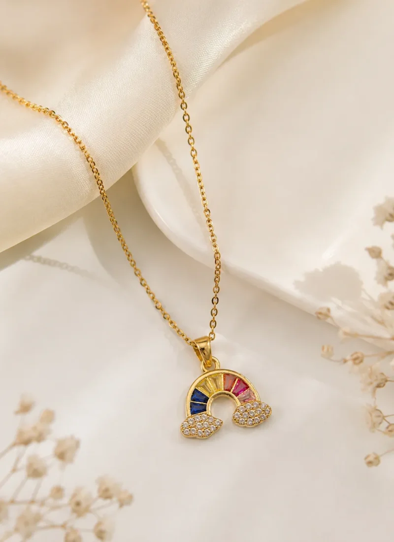 Rainbow Charm Necklace with Colorful Rainbow Pendant and Crystal Clouds
