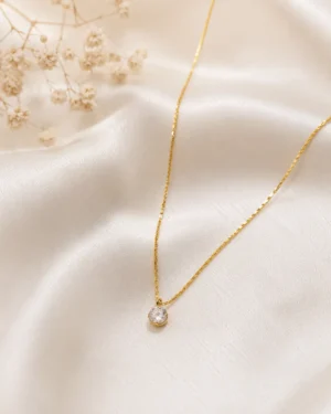 Tiny Silver Stone Necklace with Round Crystal Pendant