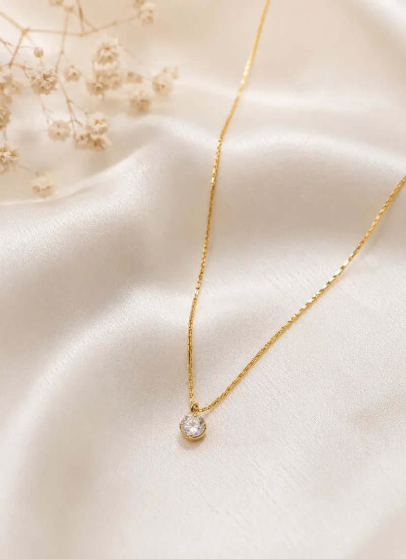 Tiny Silver Stone Necklace with Round Crystal Pendant