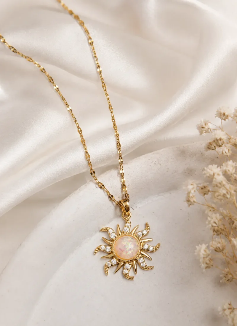 Gold Sun Necklace with Iridescent Stone Pendant