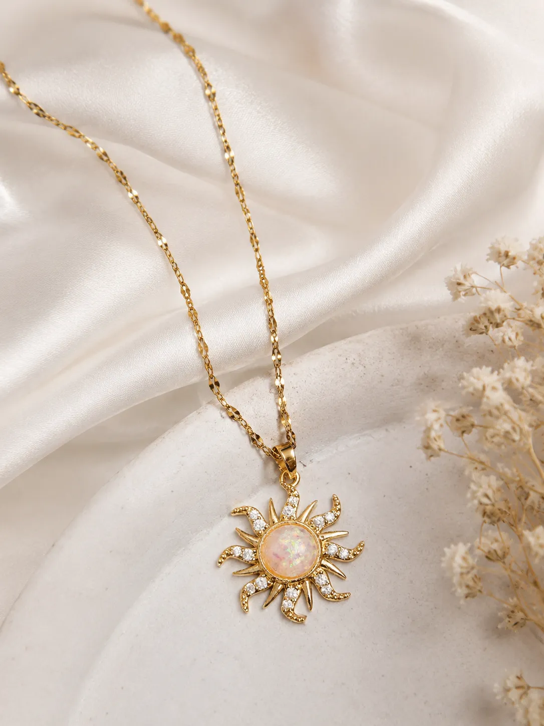Gold Sun Necklace Gold Sun Necklace with Iridescent Stone Pendant