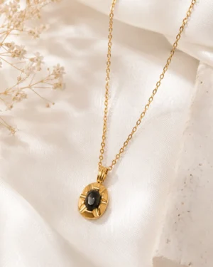 Black Stone Minimal Pendant Necklace with Gold Chain