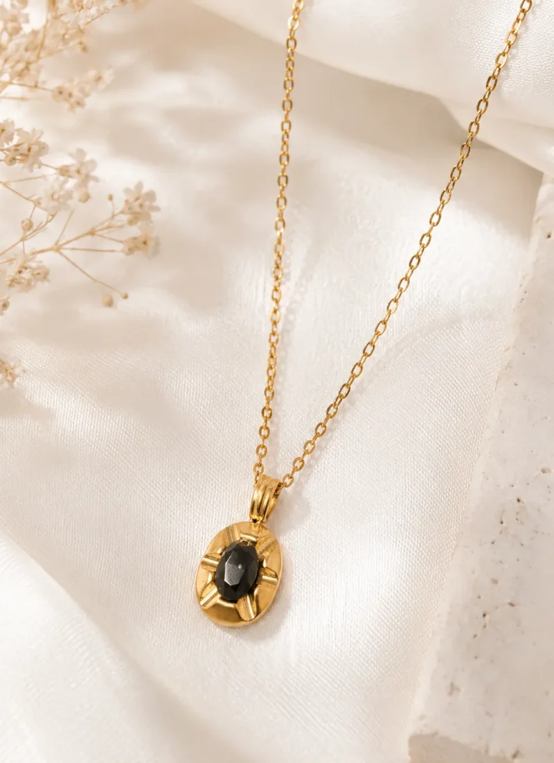 Black Stone Minimal Pendant Necklace with Gold Chain