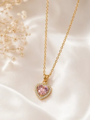 Pink Crystal Stone Necklace with Heart Pendant