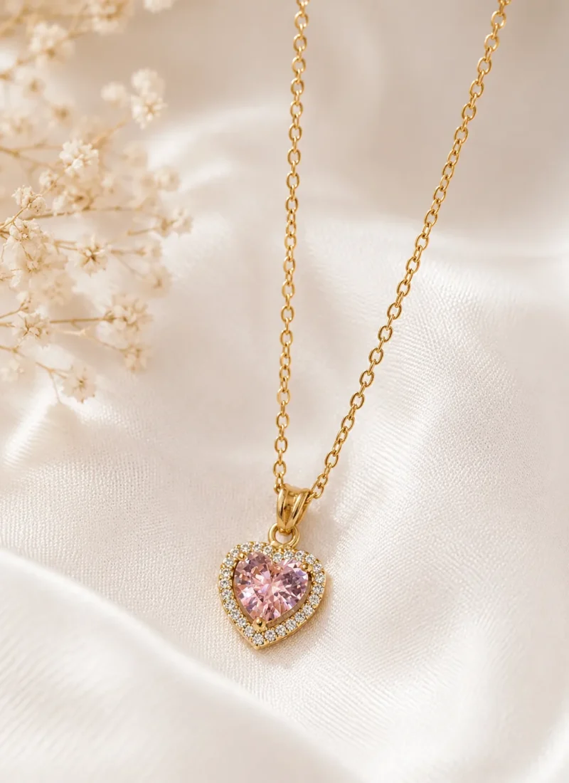 Pink Crystal Stone Necklace with Heart Pendant