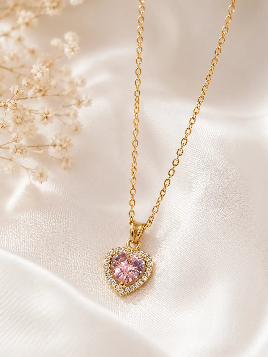 Pink Crystal Stone Necklace Pink Crystal Stone Necklace with Heart Pendant