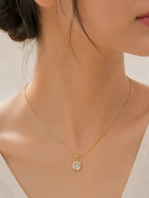 Silver Stone Pendant Necklace with Round Crystal Pendant