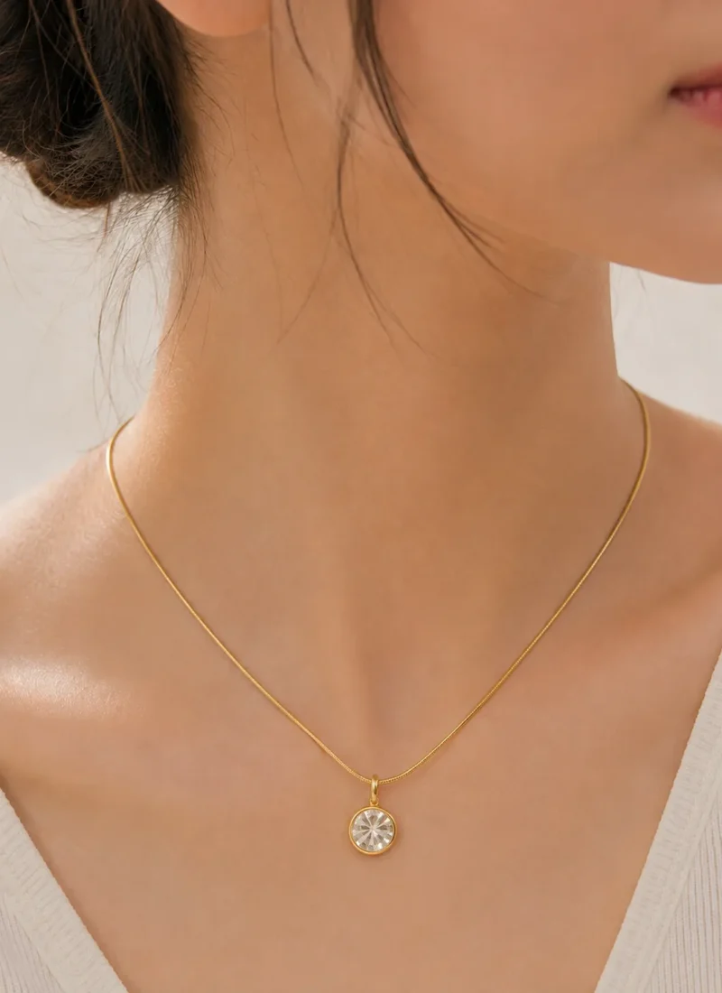 Silver Stone Pendant Necklace with Round Crystal Pendant