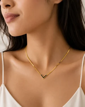 Black V-Shape Pendant Necklace with Gold Chain