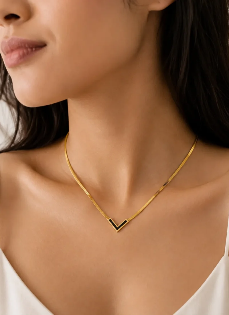Black V-Shape Pendant Necklace with Gold Chain