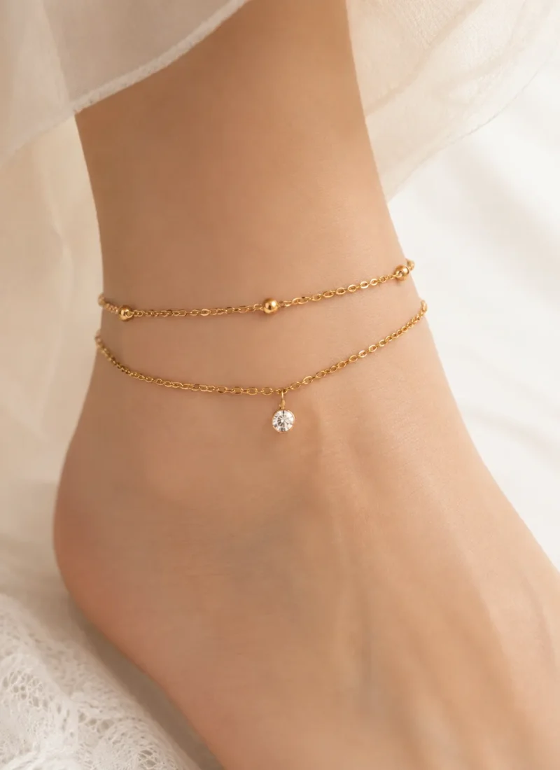 Starlight Layered Gold Anklet with Crystal Charm for Women