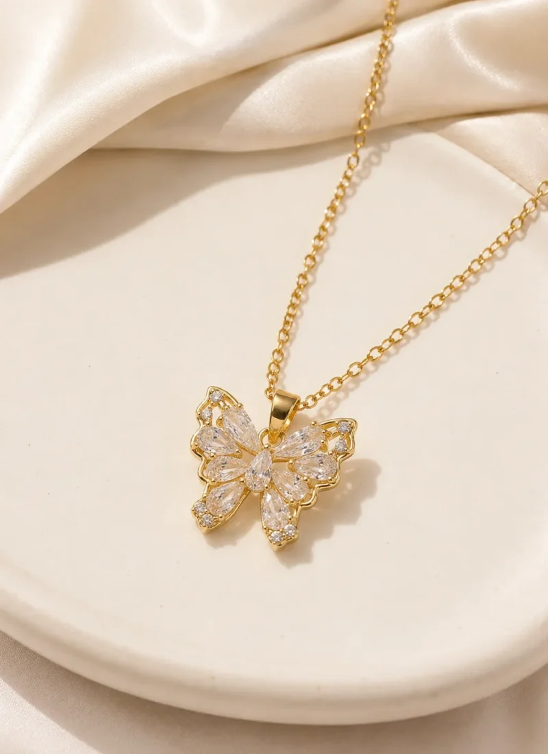 Crystal Stone Butterfly Pendant Necklace with sparkling marquise-cut crystals in a premium gold finish