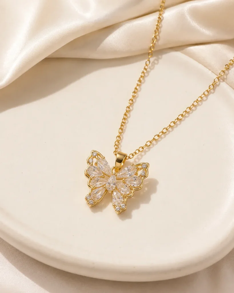 Crystal Stone Butterfly Pendant Necklace with sparkling marquise-cut crystals in a premium gold finish