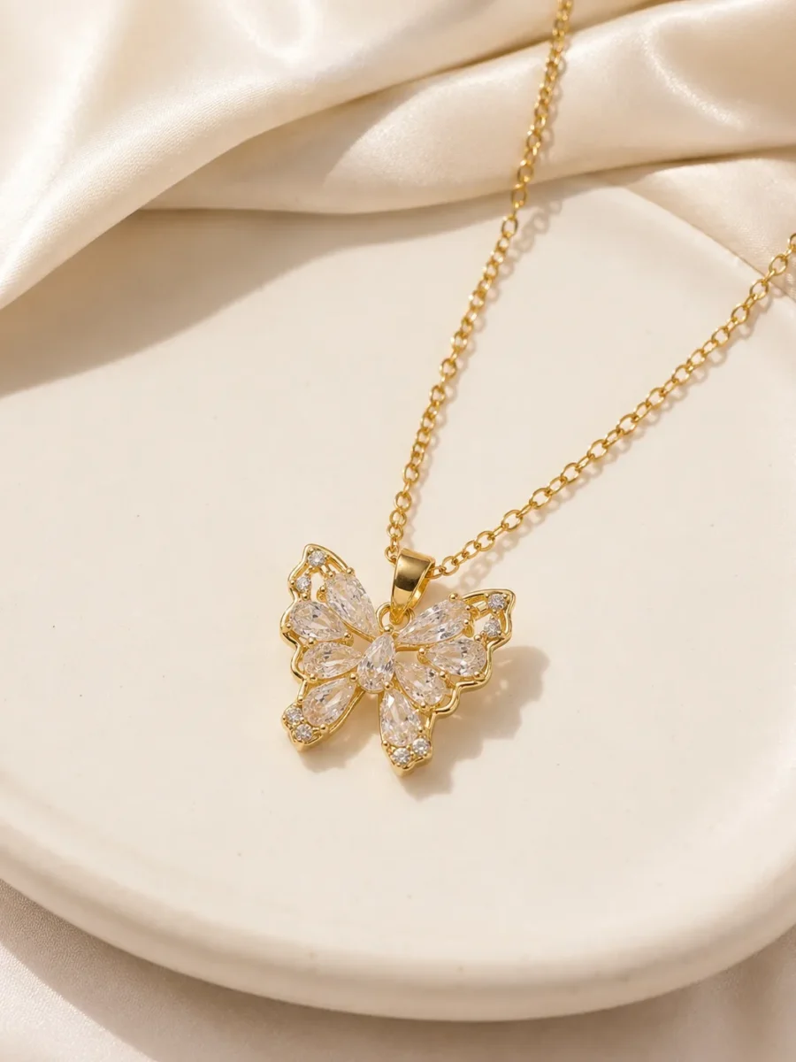 Crystal Stone Butterfly Pendant Necklace with sparkling marquise-cut crystals in a premium gold finish