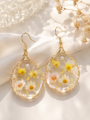 Honey Blossom Resin Teardrop Earrings with Real Dried Flowers
