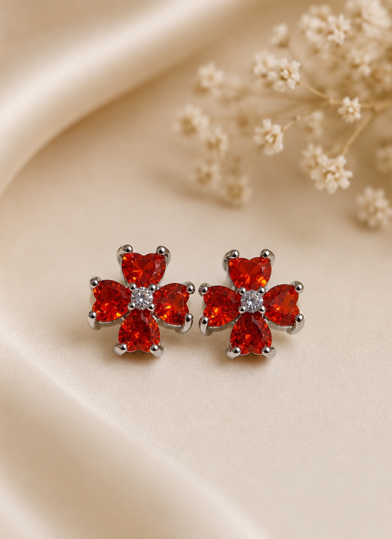 Scarlet Bloom Crystal Stud Earrings with 925 Sterling Silver Posts