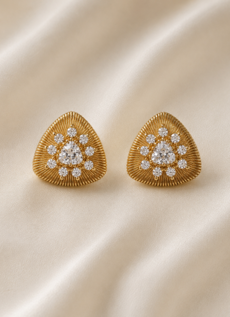 Gold Crystal Triangle Stud Earrings with Sparkling Crystal Center