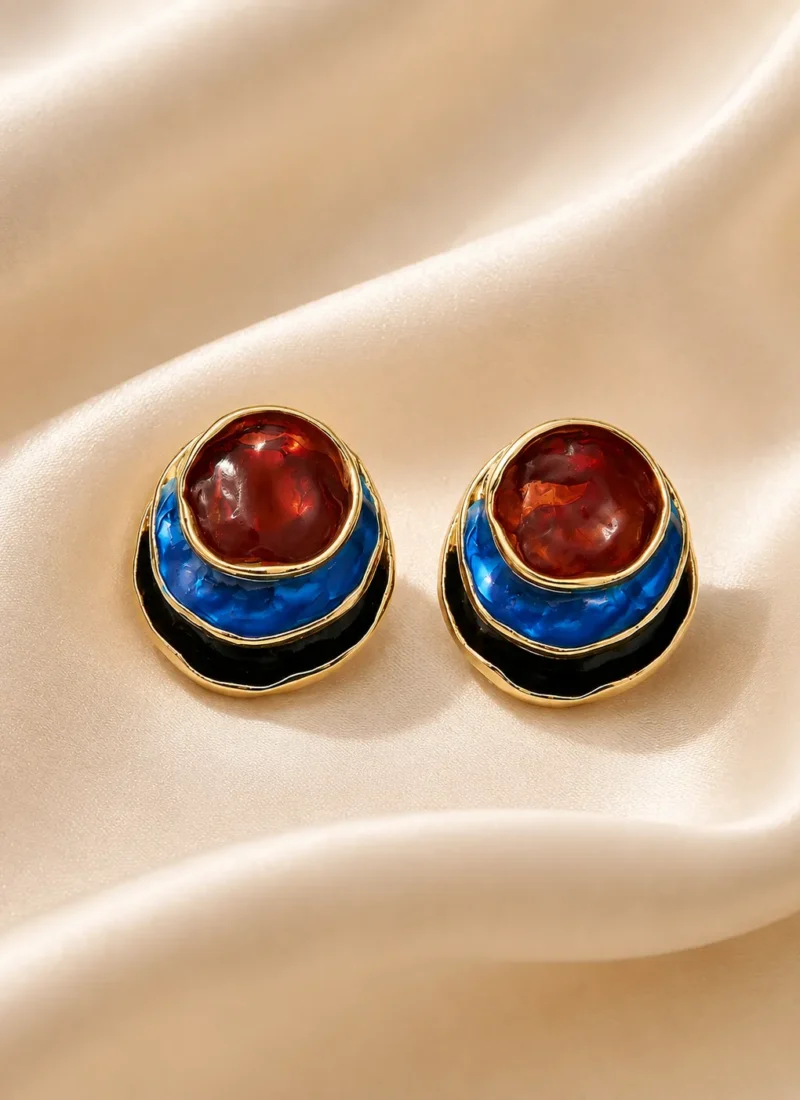 Blue & Red Enamel Earrings with Gold-Tone Circular Design
