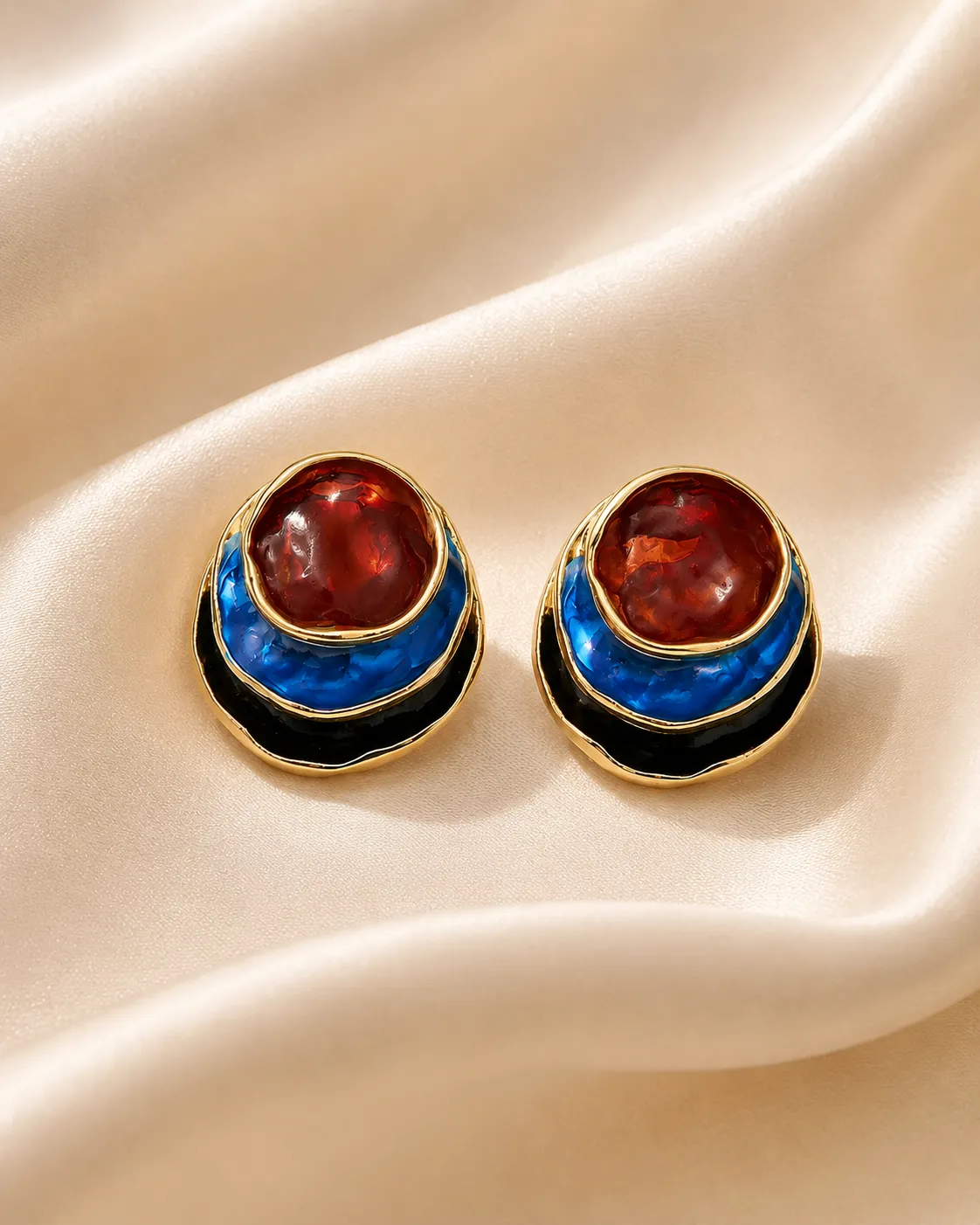 Blue & Red Enamel Earrings Blue & Red Enamel Earrings with Gold-Tone Circular Design
