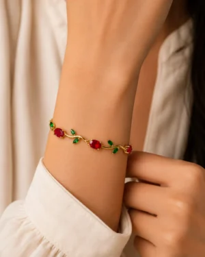 Ruby Vine Crystal Gold Bracelet with Red and Green Stones for Women