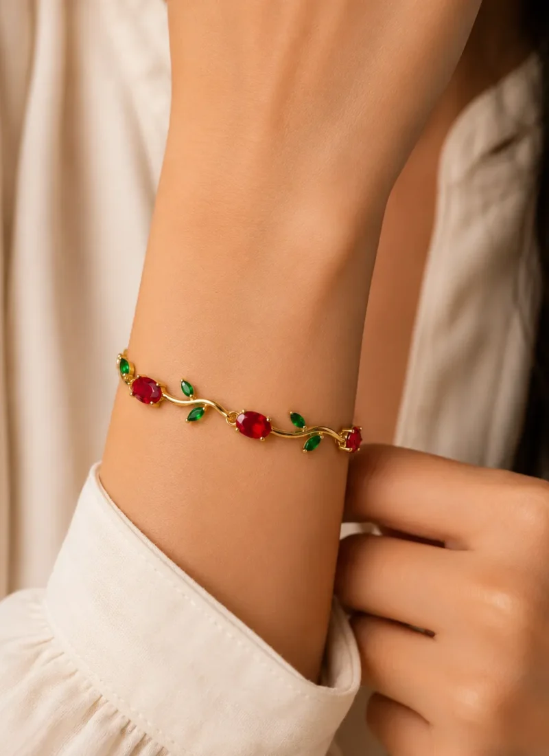 Ruby Vine Crystal Gold Bracelet with Red and Green Stones for Women