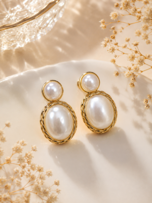 Royal Pearl Oval Stud Earrings with Gold-Tone Frame