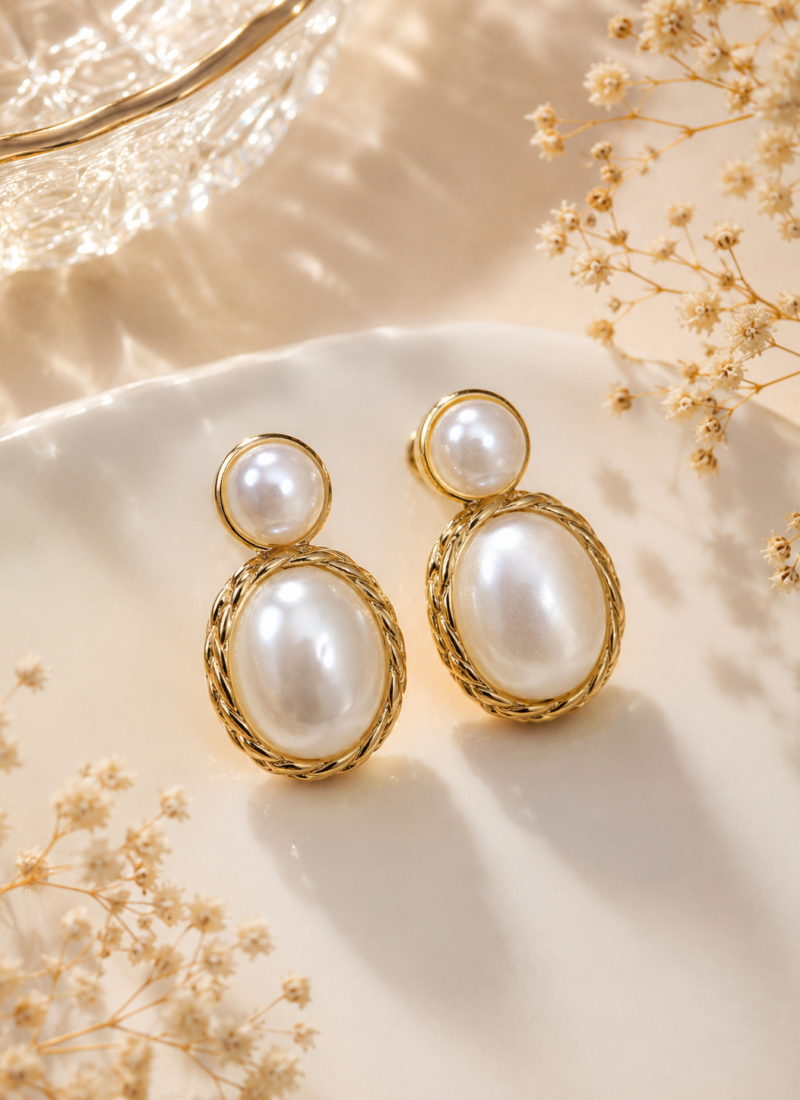 Royal Pearl Oval Stud Earrings with Gold-Tone Frame