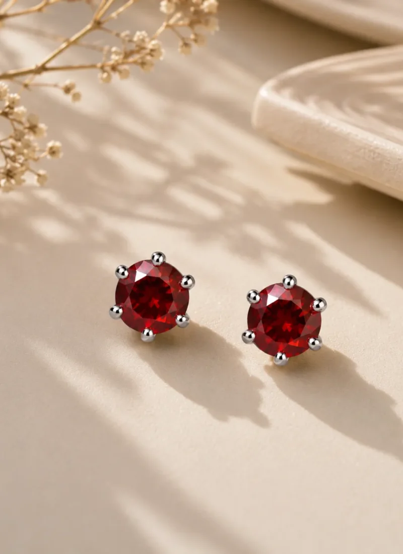 Crystal Red Stone Stud Earrings with 925 Sterling Silver Posts