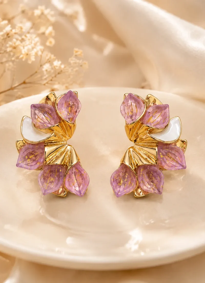 Pink Blossom Statement Earring with Gold Floral Design