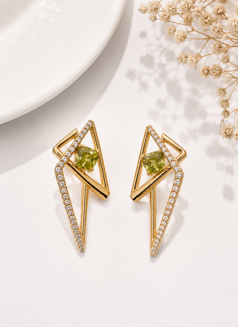 Olive Spark Geometric Gold Earrings with Green Crystal