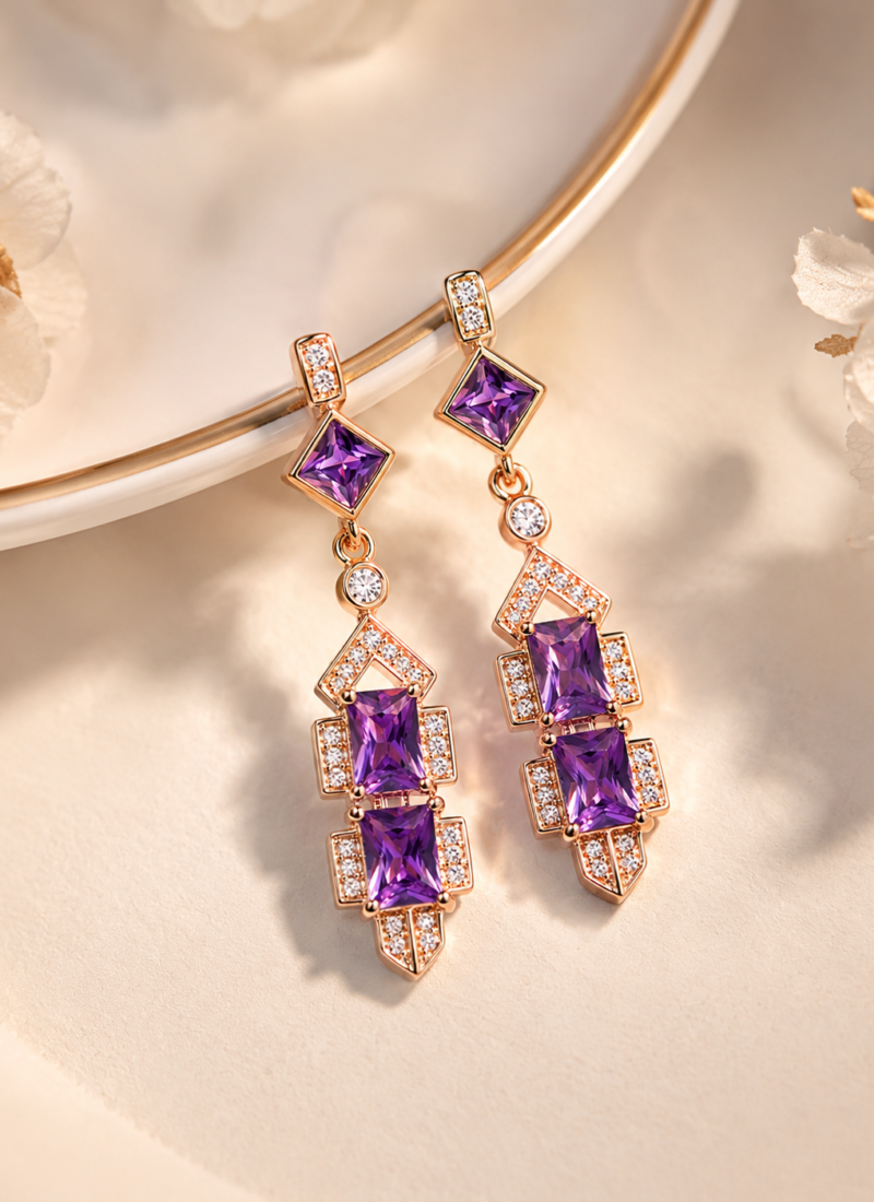 Luxe Purple Princess Cut Crystal Drop Earrings