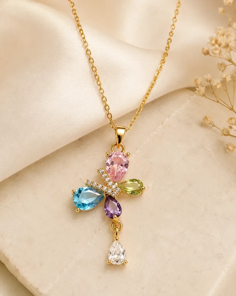 Butterfly Blossom Crystal Necklace featuring pink, blue, green, purple and white crystals in a gold floral butterfly pendant