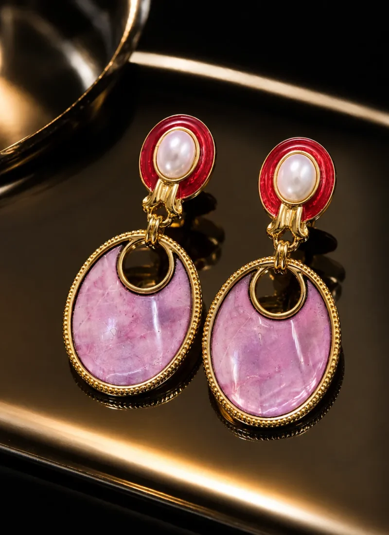 Vintage Pink Marble Pearl Drop Earrings with Pearl Accent and Gold Finish