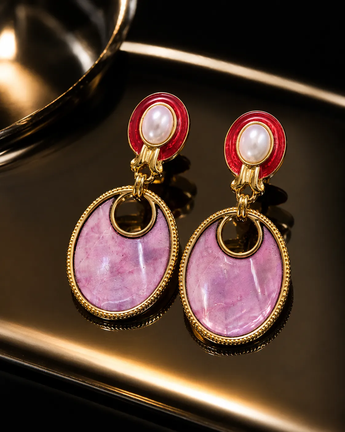 Vintage Pink Marble Pearl Drop Earrings with Pearl Accent and Gold Finish