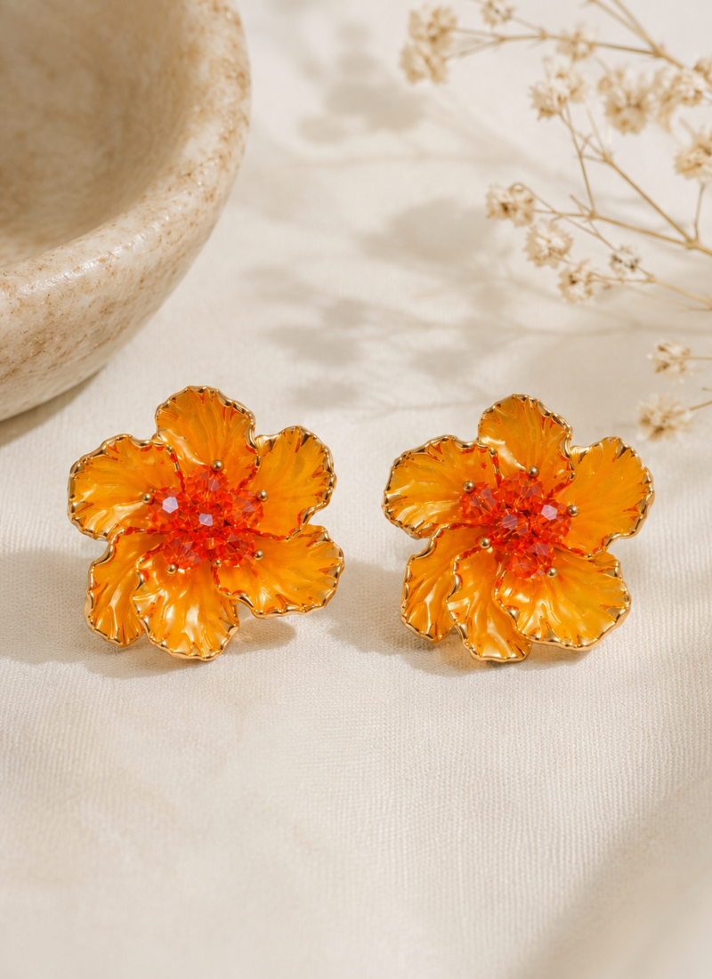 Hibiscus Bloom Flower Stud Earrings with Crystal Center