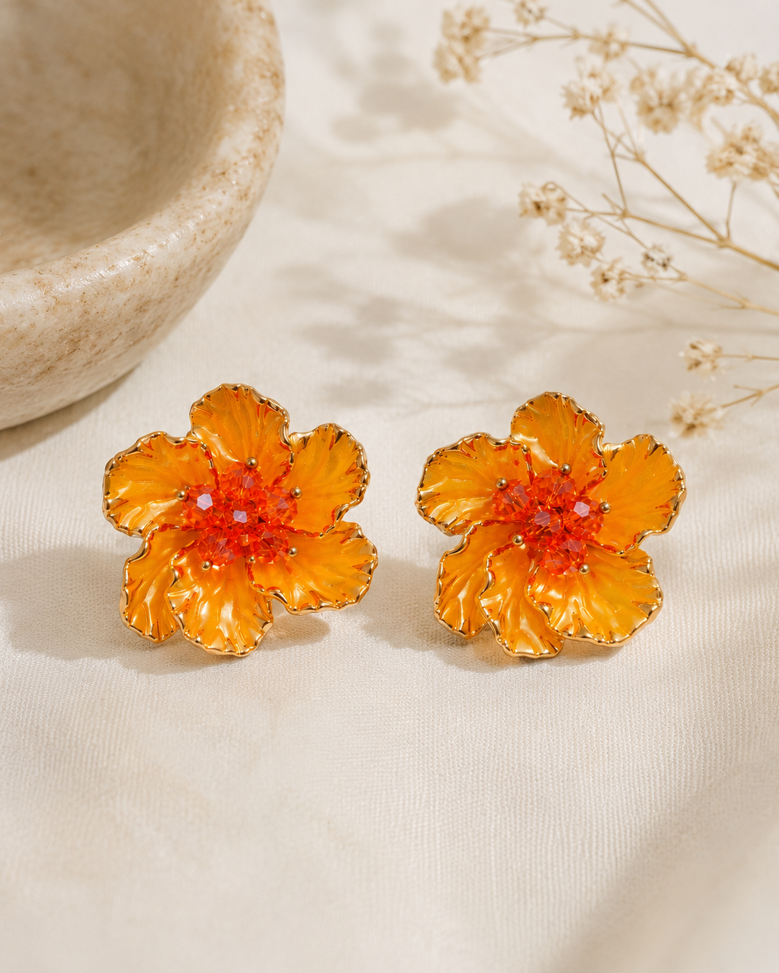 Hibiscus Bloom Stud Earrings Hibiscus Bloom Flower Stud Earrings with Crystal Center
