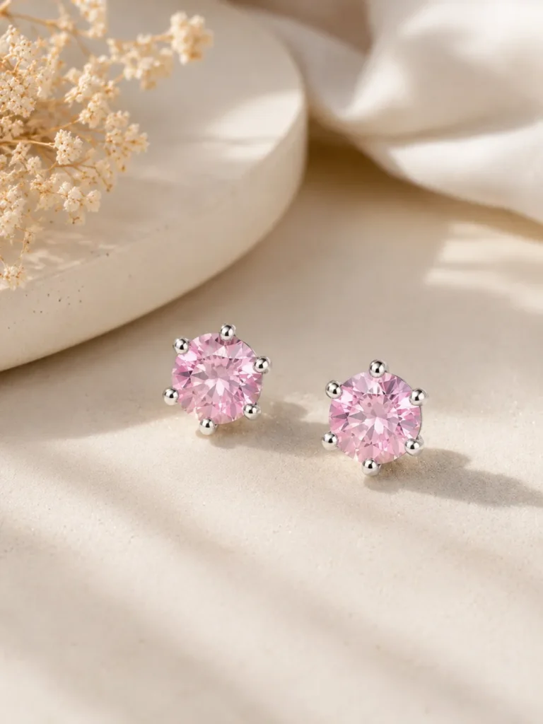 Crystal Pink Stone Stud Earrings with 925 Sterling Silver Posts
