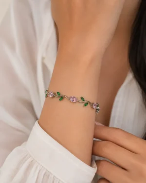 Blossom Pink Green Crystal Bracelet with Floral Design for Women
