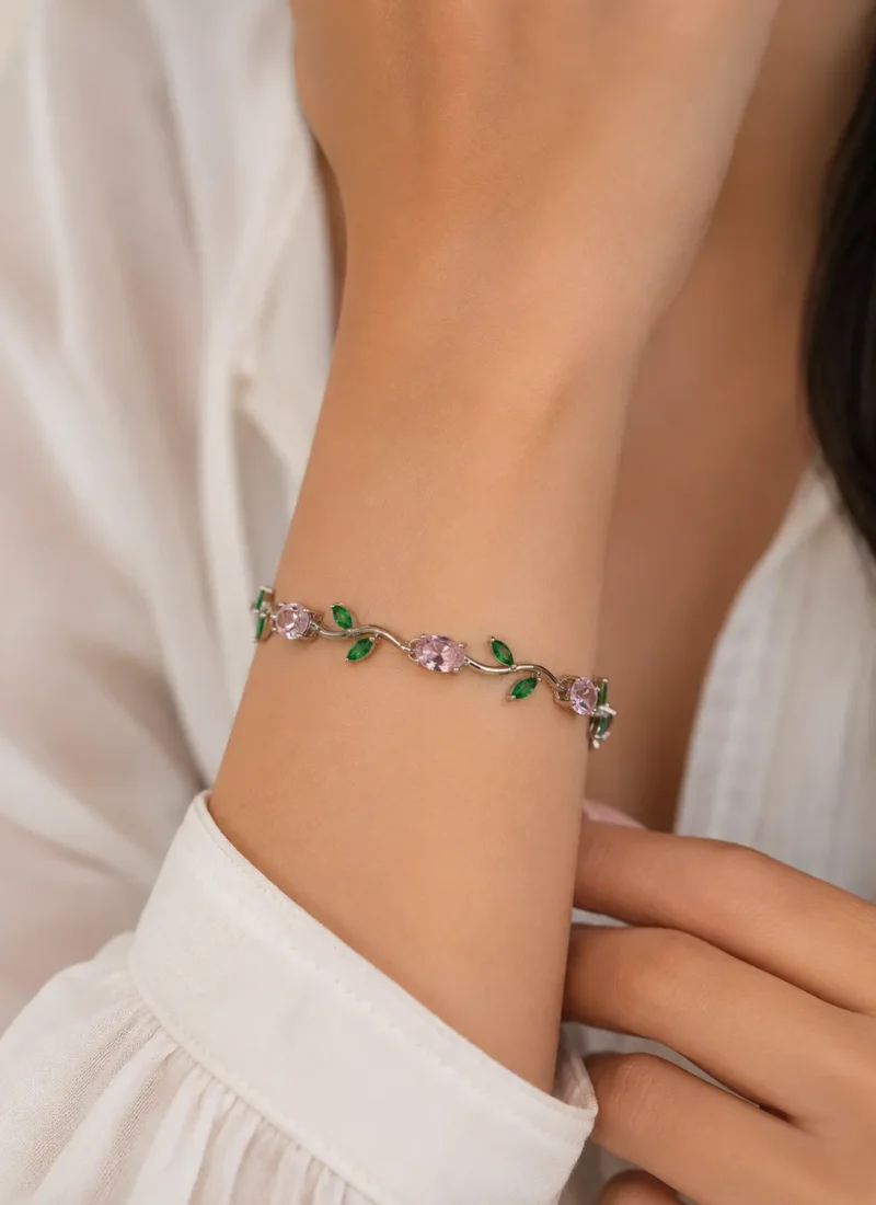 Blossom Pink Green Crystal Bracelet with Floral Design for Women