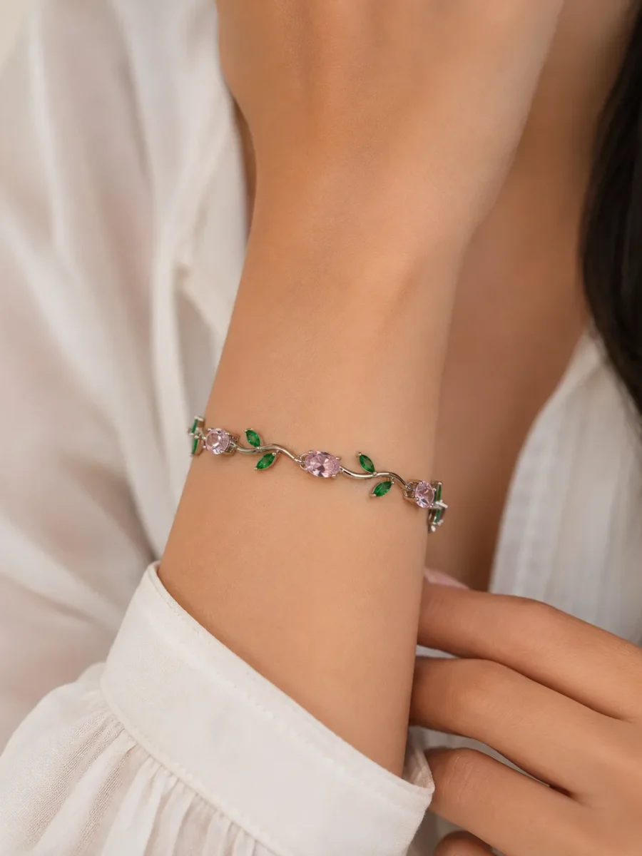 Blossom Pink Green Crystal Bracelet with Floral Design for Women