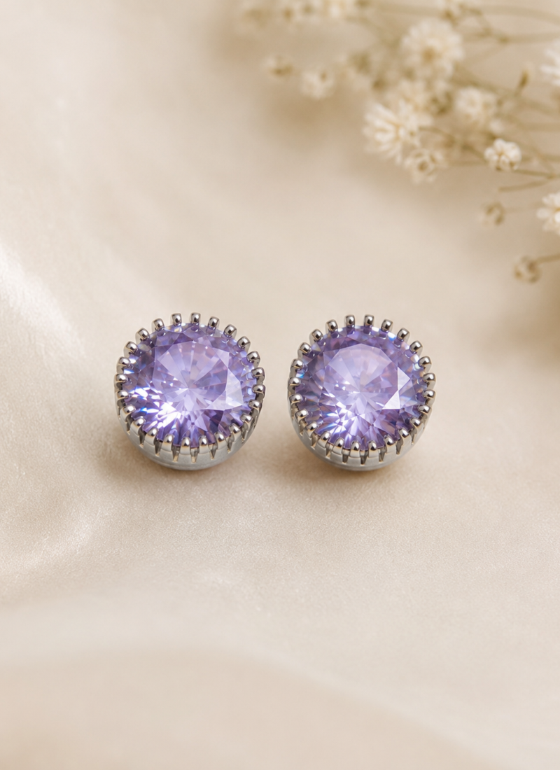 Amethyst Round Crystal Stud Earrings with 925 Sterling Silver Posts