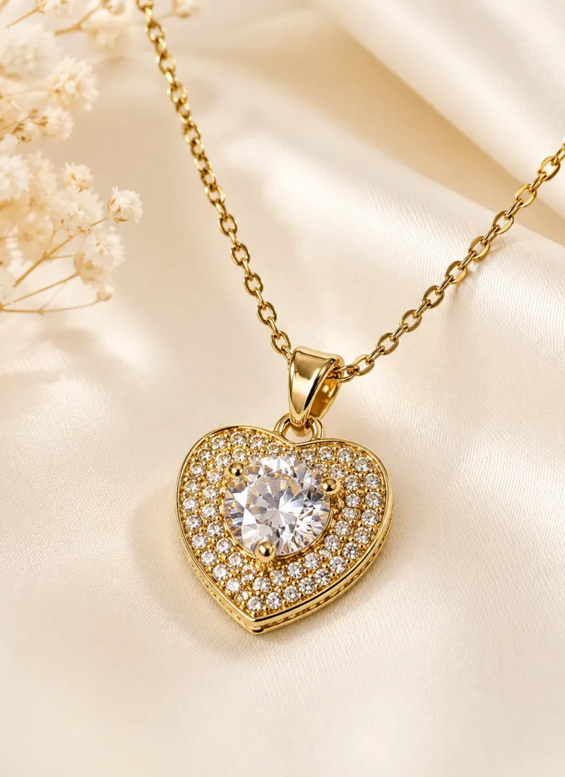 Classic Heart Crystal Pendant Necklace with sparkling crystal center and pavé heart design in premium gold finish