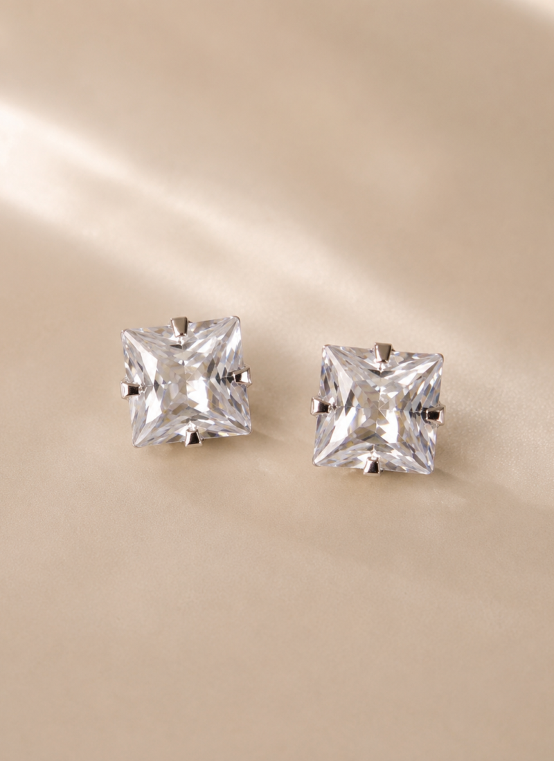 Luna Square Crystal Stud Earrings with 925 Sterling Silver Posts for Women