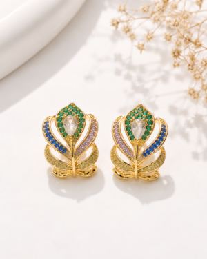 Emerald Grace Gold Statement Earrings with Green and Blue Crystal Accents