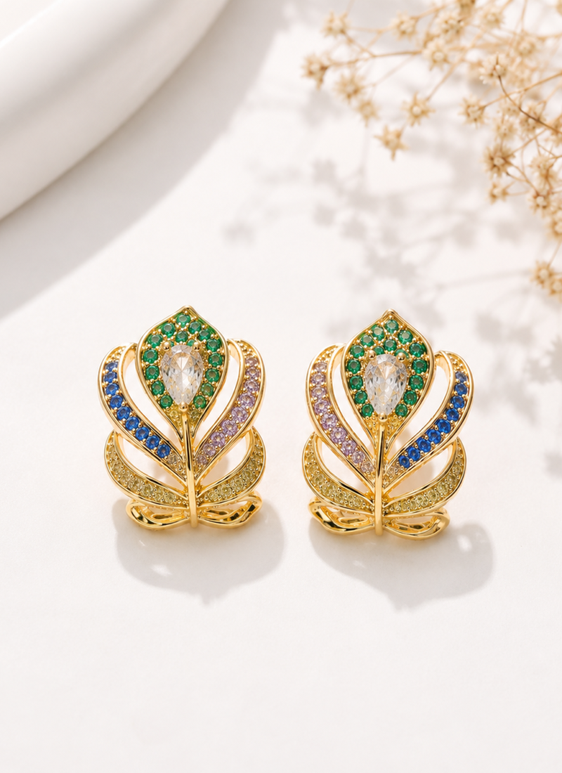 Emerald Grace Gold Statement Earrings with Green and Blue Crystal Accents