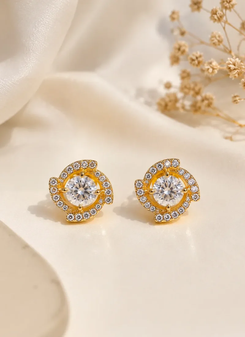 Golden Crystal Halo Stud Earrings with 925 Sterling Silver Posts
