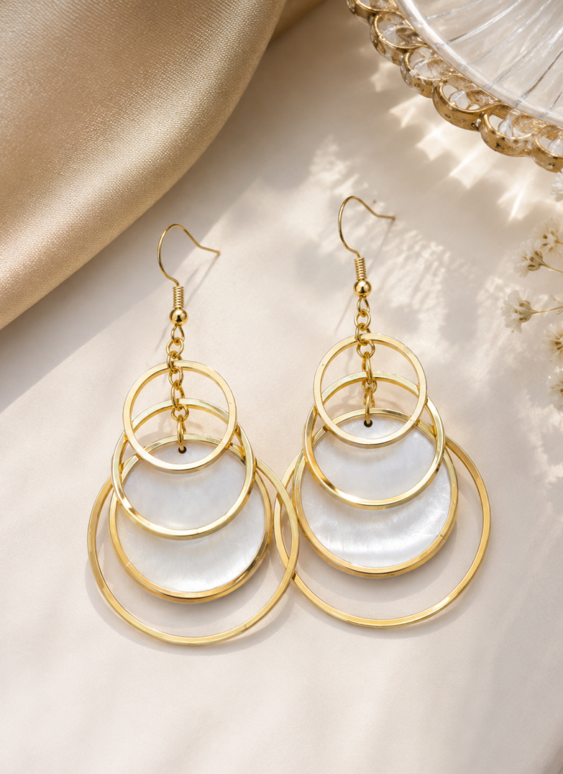 Luxe Gold Circle Dangle Earrings with Shell Accents