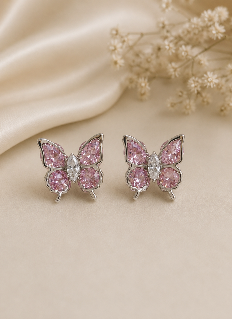 Rosalie Pink Crystal Butterfly Stud Earrings with 925 Sterling Silver Posts