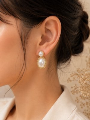 Royal Pearl Oval Stud Earrings - Image 2